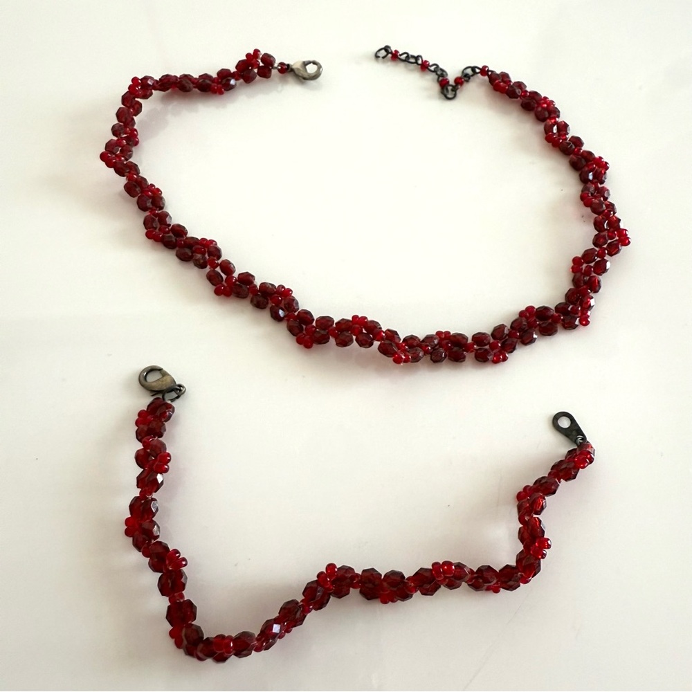 Vintage Matching Red Beaded Choker Necklace and Bracelet Set